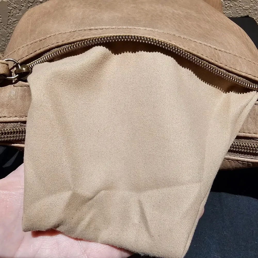 Stone Mountain Crossbody Bag Tan Faux Leather Medium Zip Pocket Adjustable Strap - Picture 6 of 12